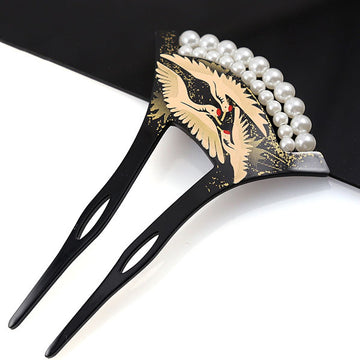 Acrylic 2-Prong Geisha Hair Stick Fork w/ Gold Cranes and Pearls